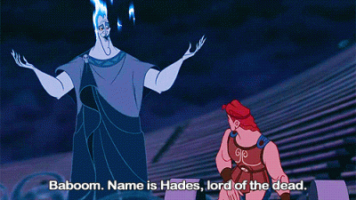 Hades introducing himself with the caption Baboom. Name is Hades, lord of the dead.