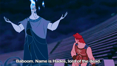 Hades introducing himself with the caption Baboom. Name is Hades, lord of the dead.