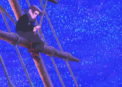Jim Hawkins sitting in the rigging tying a knot