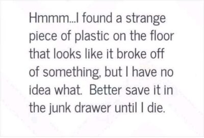 Caption: "Hmmm. I found a strange piece of plastic on the floor that looks like it broke off something, but I have no idea what. Better save it in the junk drawer until I die."
